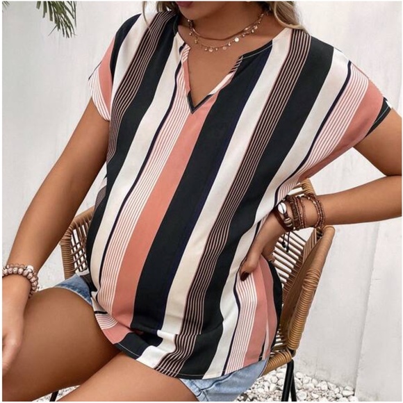 Tops - Maternity Colorblock Stripes Short Sleeve Blouse